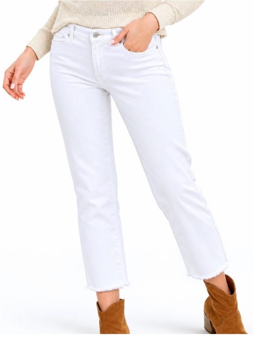 J.McLaughlin White Teagan Crop Straight Leg Split Raw Hem Jeans Pants SZ 12